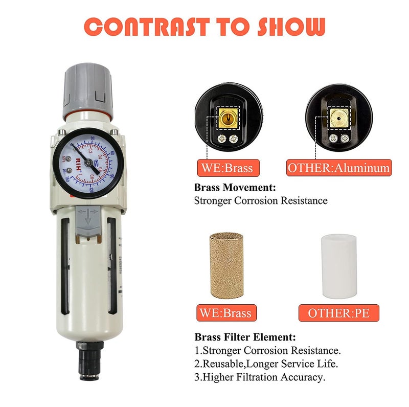 RIH Store Pneumatics 1/2"NPT Auto Drain Air Filter Pressure Regulator Combo Piggyback, air Pressure Regulator，Water Separator air Compressor(1/2"NPT) - Image 3